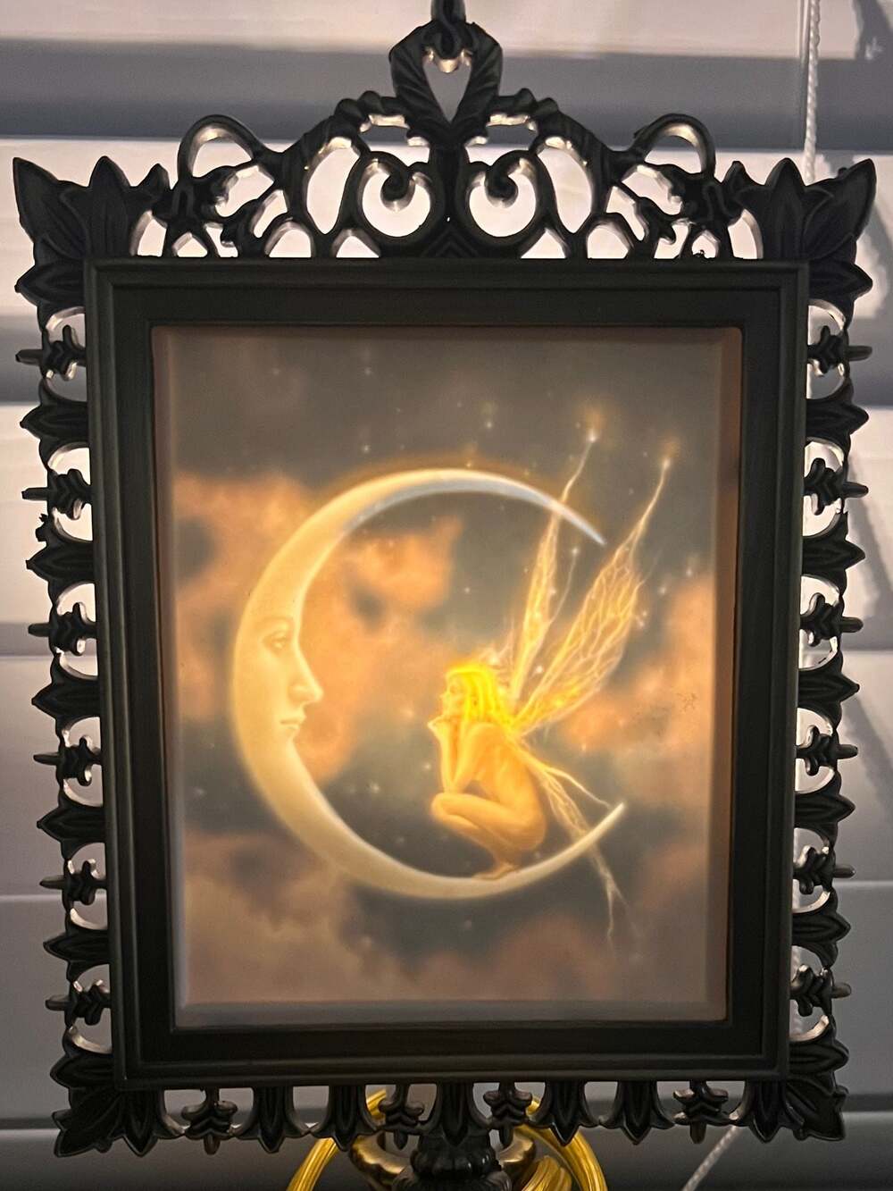 Vintage Metal Lithophane Table Lamp with Fairy and Moon Porcelain Panel